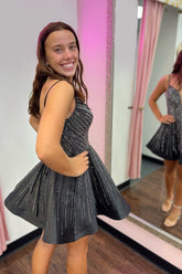 Glitter Black Spaghetti Straps A-Line Short Homecoming Dress with Beading